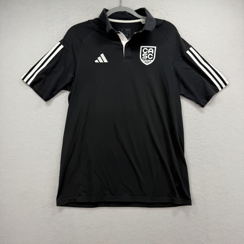 adidas Polo Shirt Men Medium Black CASC Soccer Club Athletic Three Stripe Jersey